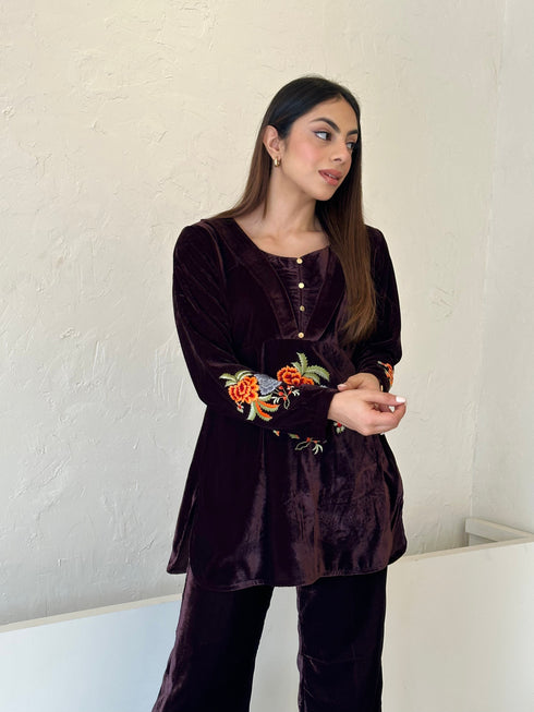 Brown Embroidered Velvet Fusion Set